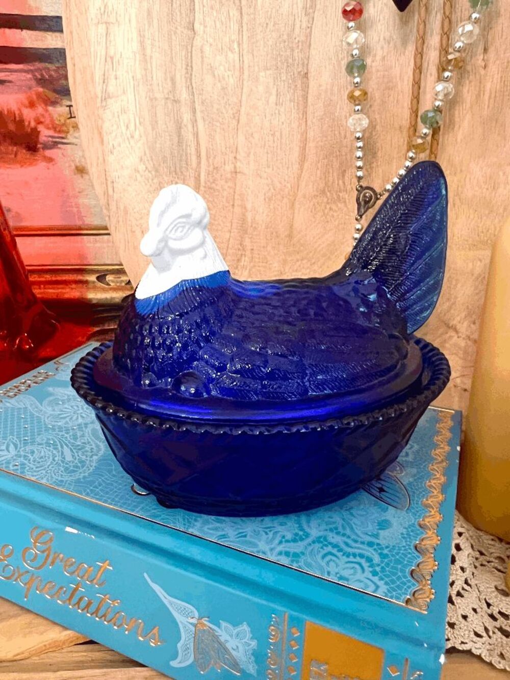 Mosser Glass Cobalt Blue & White Hen on Nest – Westmoreland Mold Covered Dish